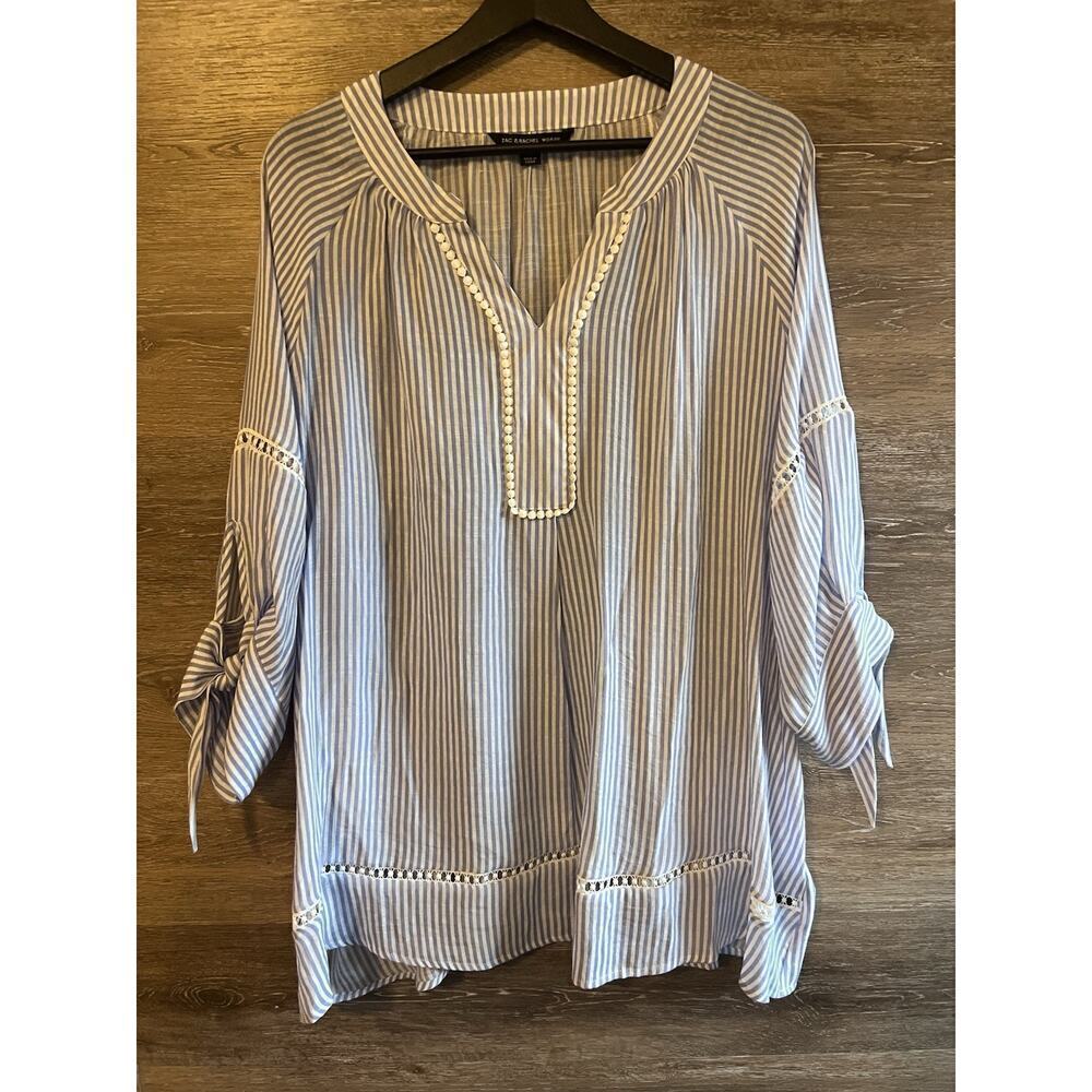 Zac & Rachel Women Size XL Blue Pom-pom Trim Front V-neck Blouse Nautical Preppy